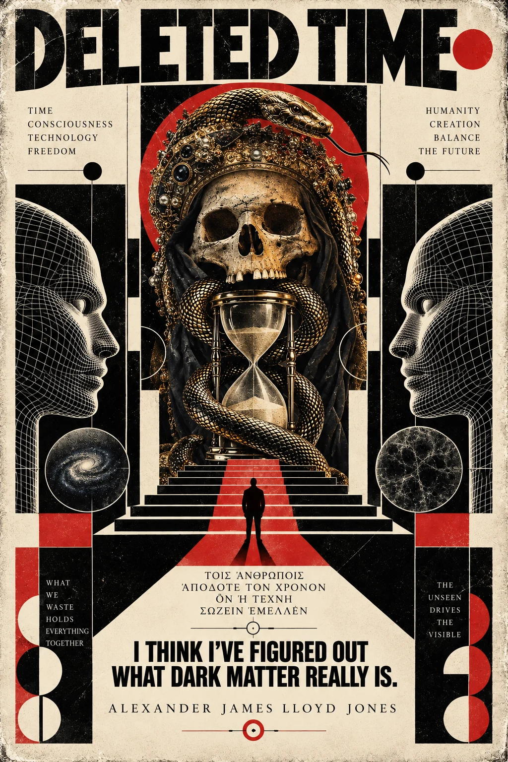 Crowned skull, serpent and hourglass with facing wireframe figures