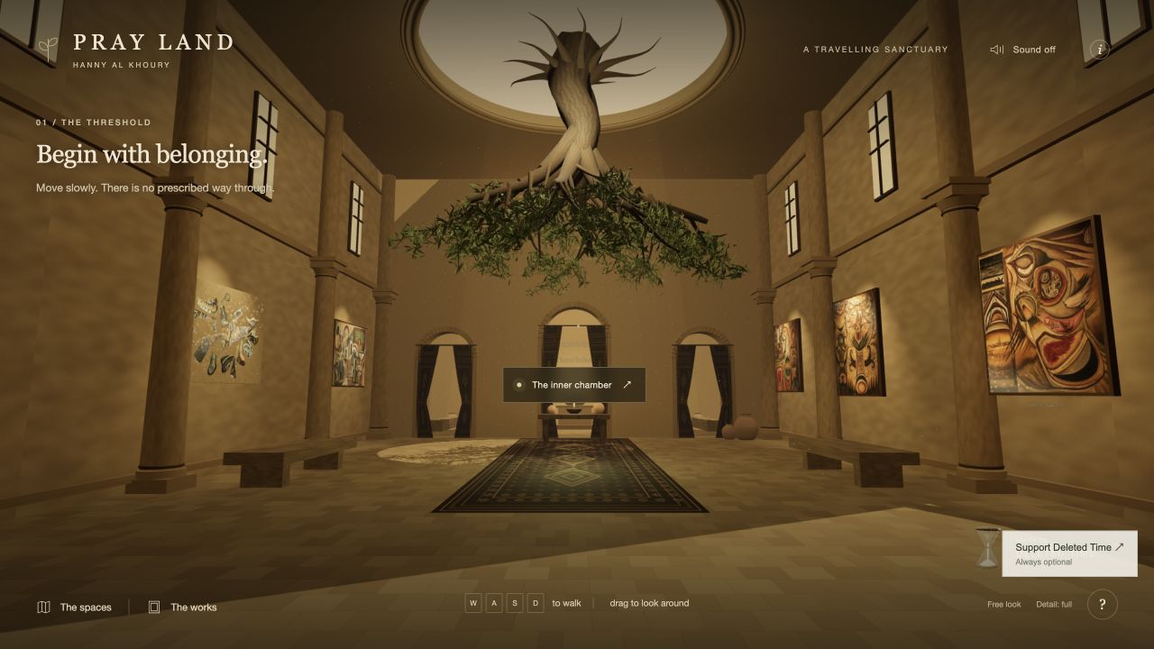 Pray Land’s golden sanctuary, with paintings and a suspended tree